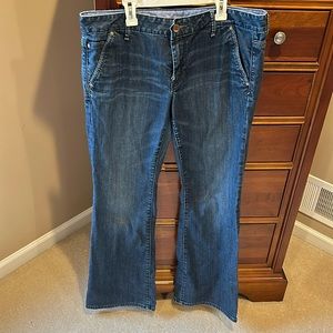 Gap women’s long and lean denim trouser, size 31/12, darker wash, flare bottoms